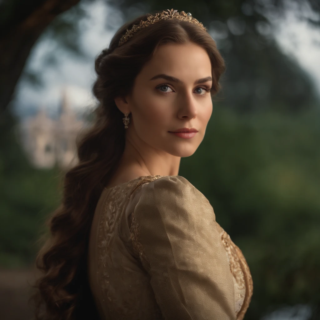 a beautiful young princess evangeline frostheart, brown hair, fair skin, light eyes, gentle gaze, kingdom of unam palace garden, accompanied by ladies-in-waiting, detailed, long take, static and symmetrical framing, medieval film filter, low and closed camera angle, close up, indirect and diffuse lighting, dark fantasy, fairy tale movie scene, photo, illustration, cinematic, (best quality,4k,8k,highres,masterpiece:1.2),ultra-detailed,(realistic,photorealistic,photo-realistic:1.37),HDR,UHD,studio lighting,ultra-fine painting,sharp focus,physically-based rendering,extreme detail description,professional,vivid colors,bokeh