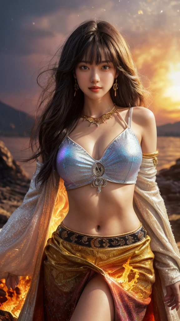 Beautiful 20 year old woman, Dreamlikeart, highly detailed airbrush art (((surreal)), intricate details, volumetric lightinasterpiece: 1.2), (best quality), 4K, ultra detailed, (dynamic composition: 1.4), highly detailed colorful details, (iridescent colors: 1.2), (bright lighting, atmospheric lighting), dreamy, magical, dynamic composition, ray tracing, specular lighting, shallow depth of field, crazy details, hyper-detailed, mixing exposure, HDR, The mighty Lord Lava, fire demon, liquid fire, strong Cauterant Inferno atmosphere, crop shirt printed top, layered skirt, fire necklace, main outfit color white, gold are the second color, cowboy shot, midshot, centered image, eye on camera, look at the viewer, front look, closer, black fluffy hair with bangs, gorgeous hair, tiny chest, daylight