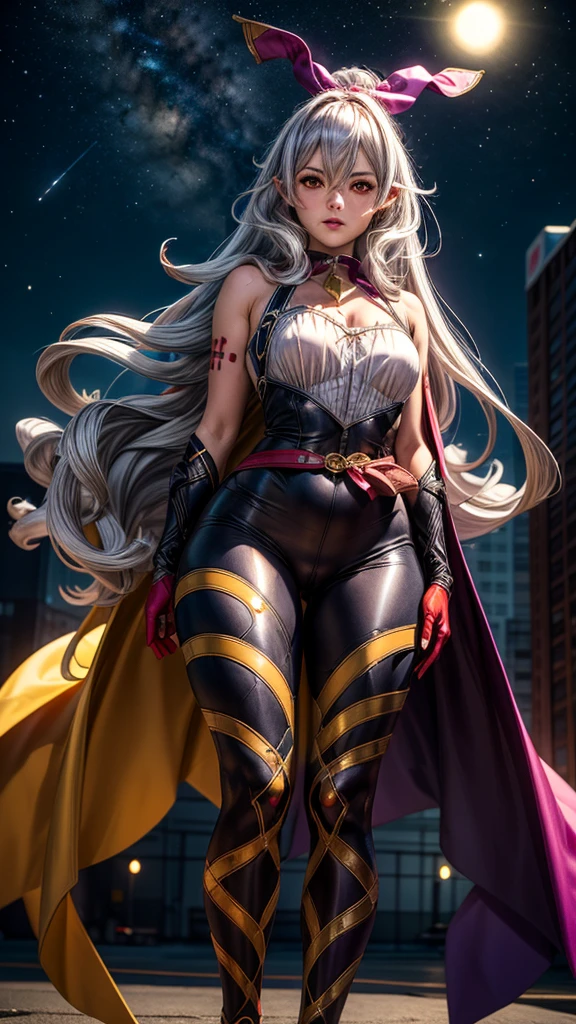 (masterpiece, best quality:1.4), cinematic light, colorful, high contrast, (1girl), medusasummer, small breast, thicc thighs, curvy hips, muscular body, gray hair, (orange eyes), hair between eyes, sleeveless, black bodysuit, red belt, white cape, yellow gloves, in the city, night, stars, 