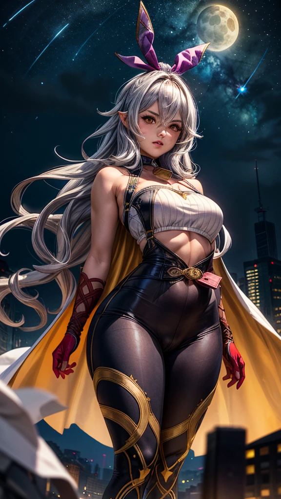 (masterpiece, best quality:1.4), cinematic light, colorful, high contrast, (1girl), medusasummer, small breast, thicc thighs, curvy hips, muscular body, gray hair, (orange eyes), hair between eyes, sleeveless, black bodysuit, red belt, white cape, yellow gloves, in the city, night, stars, 