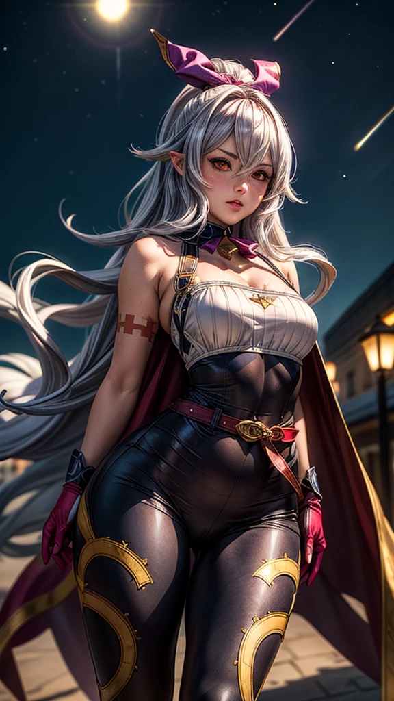 (masterpiece, best quality:1.4), cinematic light, colorful, high contrast, (1girl), medusasummer, small breast, thicc thighs, curvy hips, muscular body, gray hair, (orange eyes), hair between eyes, sleeveless, black bodysuit, red belt, white cape, yellow gloves, in the city, night, stars, 