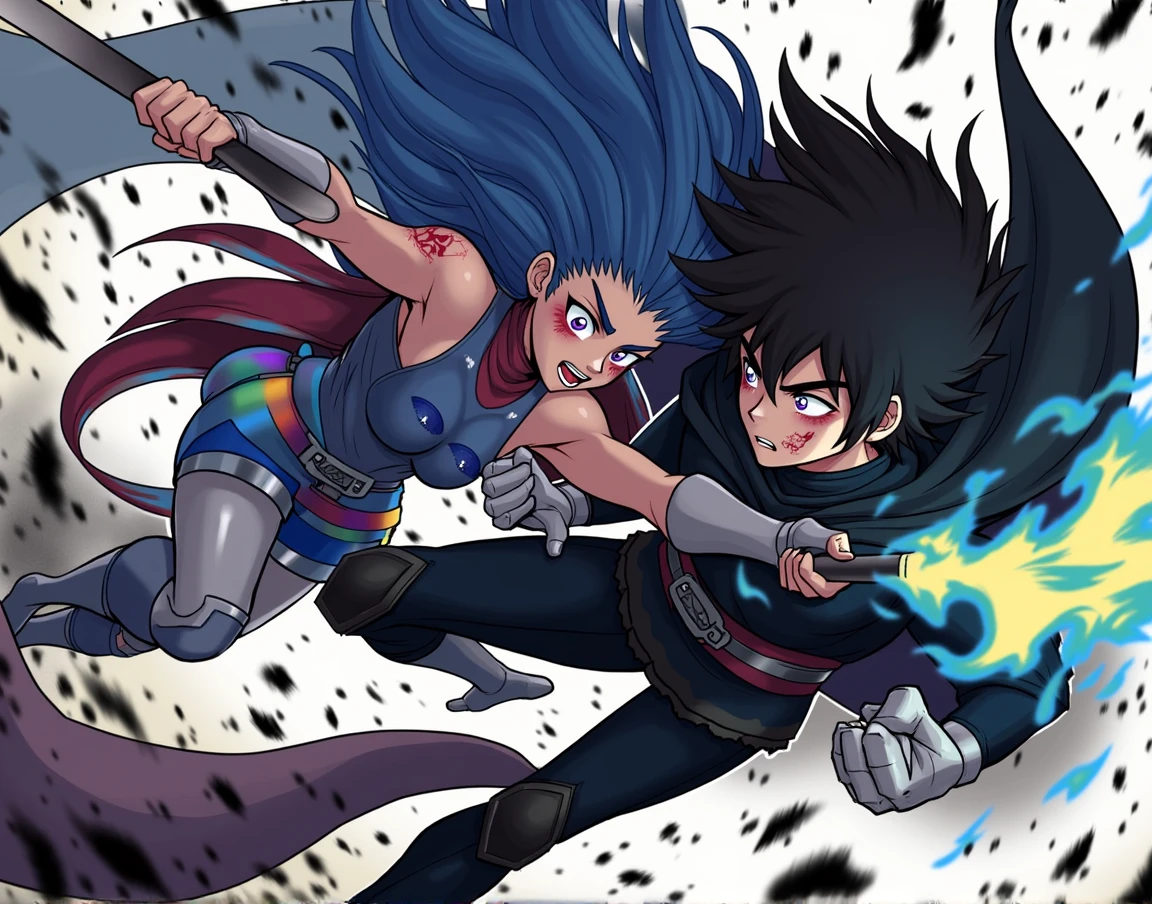 a wounded young man, blackquality hair, high fade style, purples eyes, Scar under the right eye, with blue fire in his arms, fighting an amazon woman, rainbow hair, of blue armor, holding an epée.