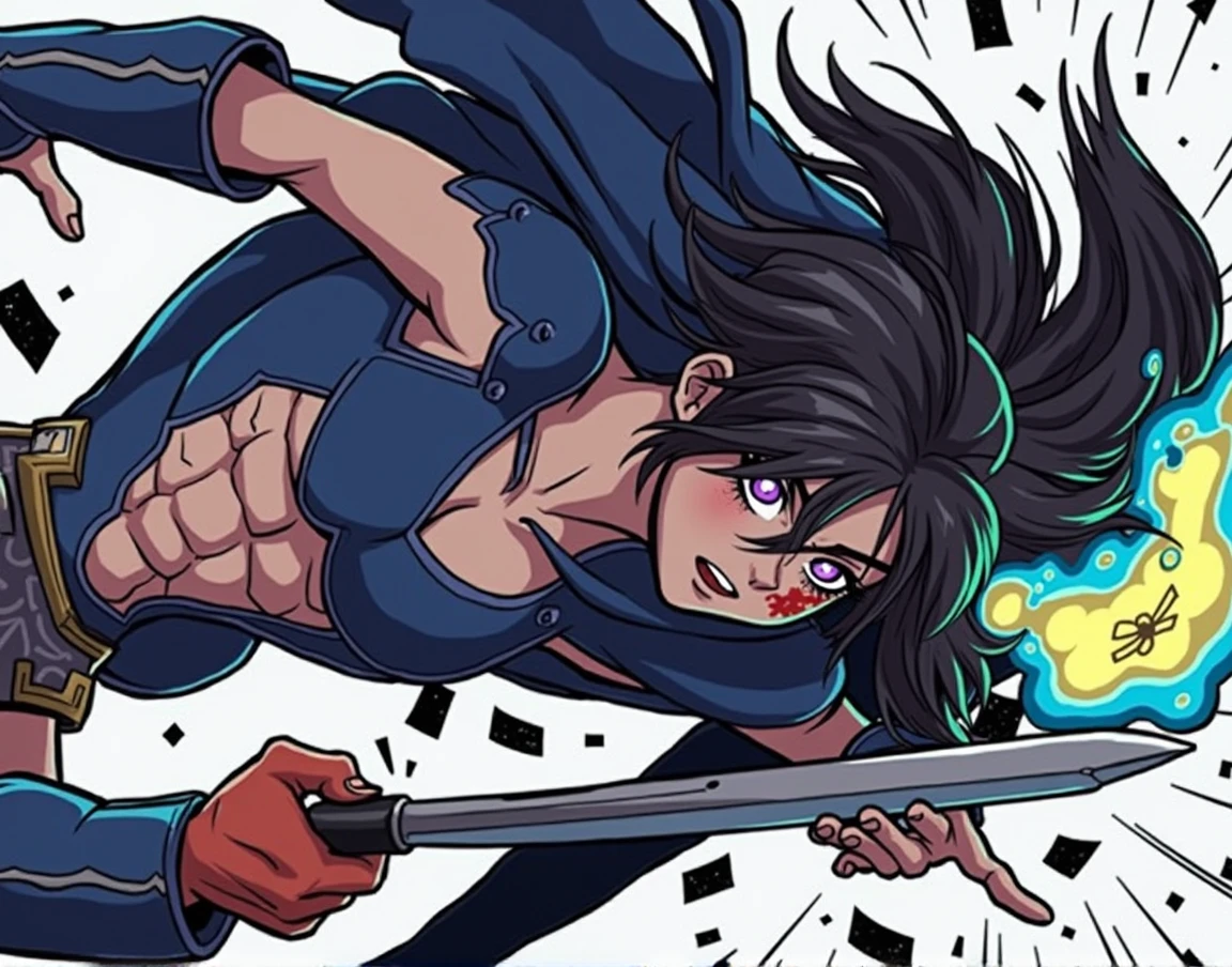 a wounded young man, blackquality hair, high fade style, purples eyes, Scar under the right eye, with blue fire in his arms, fighting an amazon woman, rainbow hair, of blue armor, holding an epée.