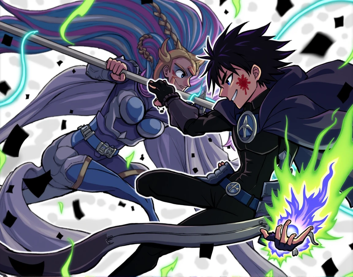 a wounded young man, blackquality hair, high fade style, purples eyes, Scar under the right eye, with blue fire in his arms, fighting an amazon woman, rainbow hair, of blue armor, holding an epée.