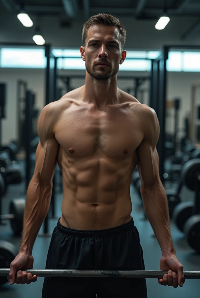 Skinny man without muscle defines himself in the gym