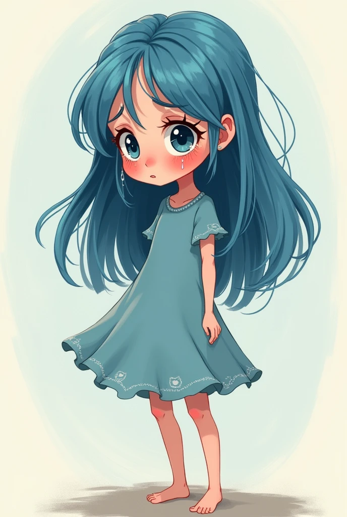Little teenager cartoon with blue dress and long hair cry