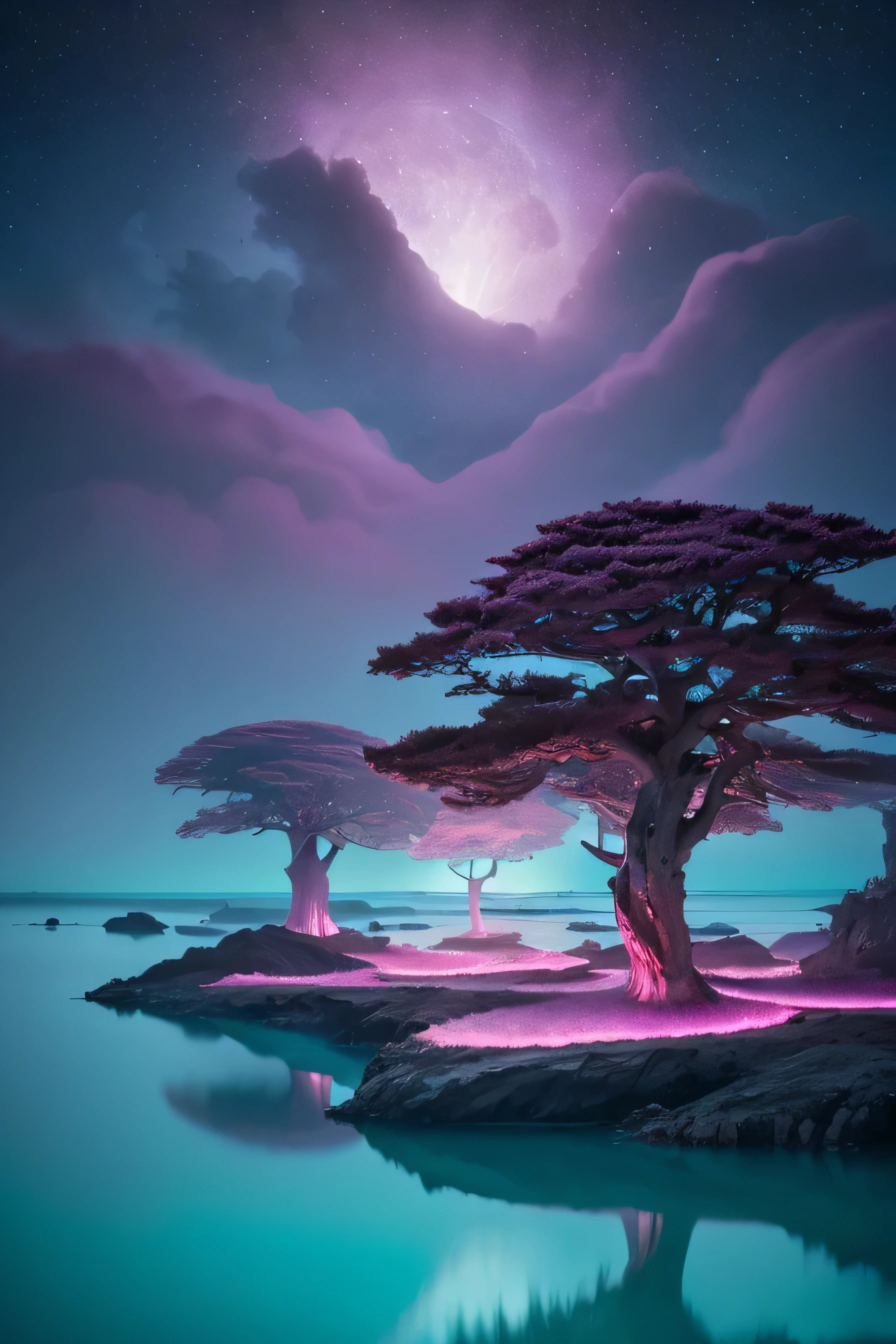 "A surreal and mystical landscape with floating islands above a calm, reflective ocean. The sky is filled with ethereal colors, blending shades of pink, purple, and turquoise, with soft, glowing clouds. The ocean mirrors the vibrant sky, with gentle waves that shimmer with bioluminescent light. In the distance, a giant moon hangs low on the horizon, its surface covered in intricate patterns. On one of the floating islands, a crystal-like structure glows faintly, surrounded by ancient, twisted trees with luminescent leaves. A soft mist drifts across the scene, adding an element of mystery."