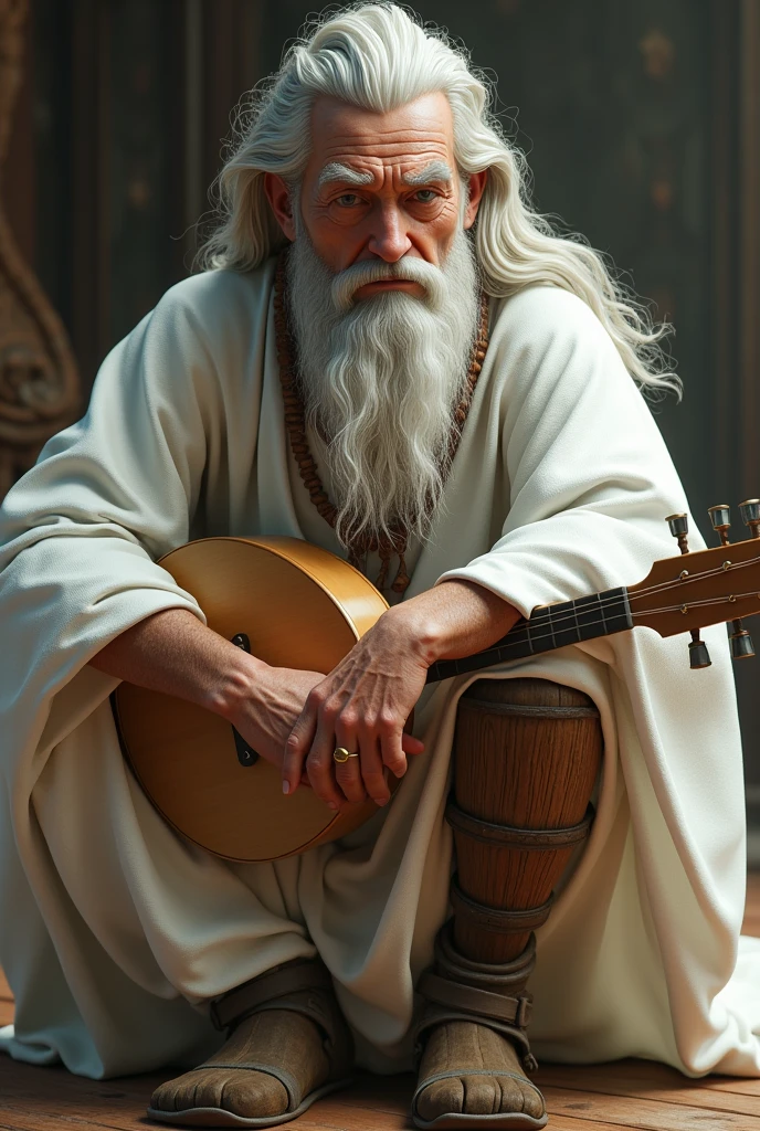 Um homem de meia idade, long bowl hair, white clothes, his expression is one of passion and he holds a lute, he has a wooden leg