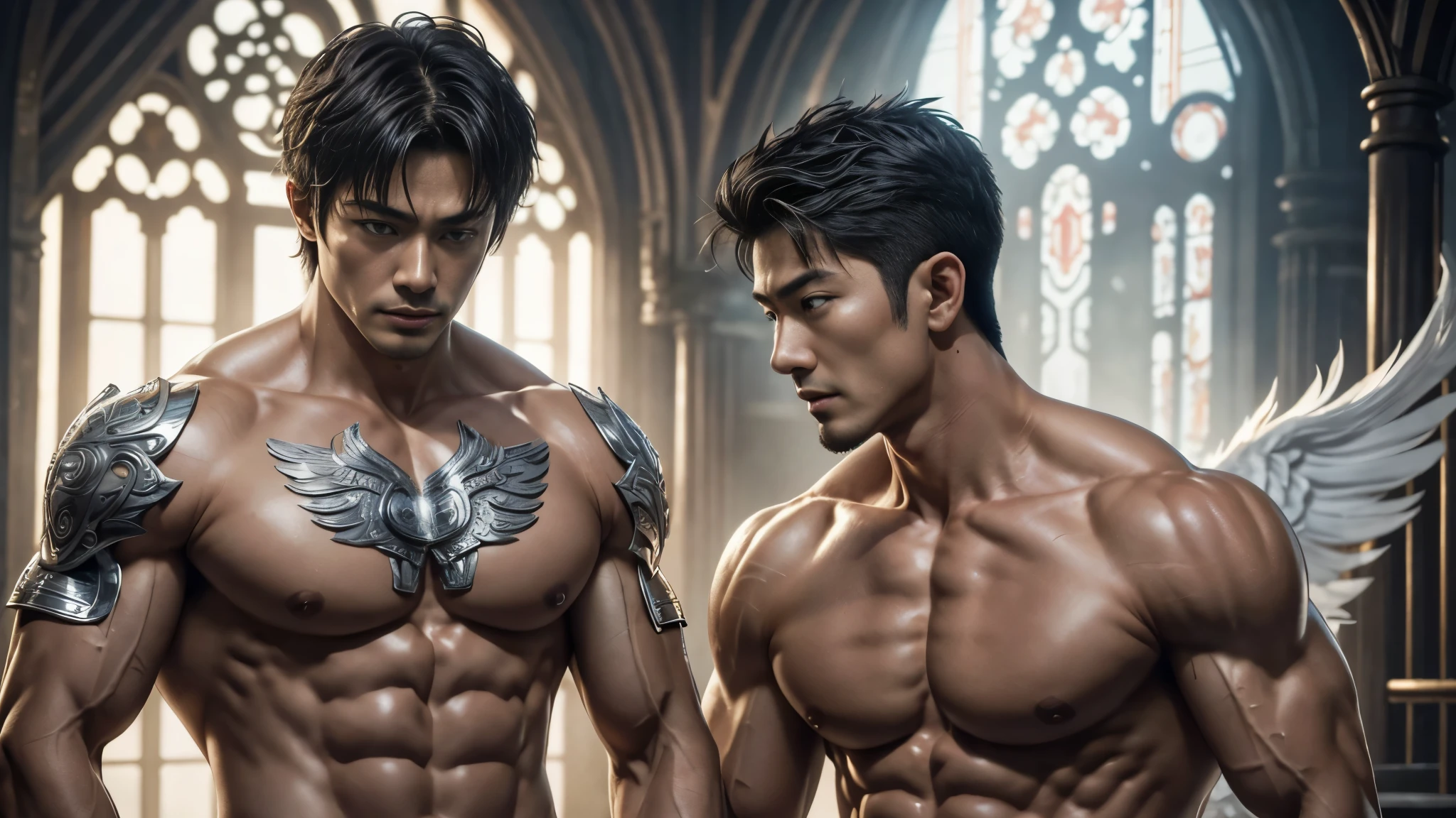 masseter membrane、well built、Asian male celebrity_put on eyes、(eBlue eyes)、Have a pair of huge open wings，largeeyes！largeeyes！Straight nose！largest wing root，(Have a pair of huge wings，There are white feathers on it)、35yo、Asian male celebrity、Xiao Zhan、chest muscle、sports student、cool guy、young、Brush cut、gay s、scantily clad、Brush cut！Nod and pull your head five times！！outdoor sports board！(高the detail8k)Dark skin！raise your eyes！open your eyes！ ((realistically)), Sexy te silk fabric！Raised sexy！[Dred in white silk flowing fabric worn by sexy Romanse cathedral has stained glass]! !!!dermis, [ short hair the detail, Shaved on both Sides, silvery white ]!! ultra - detailed, Best quality, Strong light illumination, Focus sharp, theater audience, The upward lens is closer to the body, (( Lean Body Fat 15%，short hair the detail！ shave the Sides short, silver whey health, My chest is hairy, bodyhair, , Showing shaggy’s armpits, shaggy legs, silber hair,)), Full body lesbian, Muscuper buff and cool, aged 40, shaggy, a scot by Adam Dario Keel, reddit, Photographic realism, , and face, artem, Bigchest, Upper part of the body, Fluffy, Muscle tissue, attractive male, shaggy body, Gigachard The Art of muscular Abnormality, New row added, Tanaka Ryu HD, fukaya yuichiro, Yoshifumi Ujima, Akikazu Mizuno, style of kentaro miura, Shen Until, shin-hanga, yoshida , Tanaka Ryu HD, New row added, fukaya yuichiro, Yoshifumi Ujima, Akikazu Mizuno, style of kentaro miura, Shen Until, shin-hanga, yoshida, hideo minaba, Chad handsome charming male，Side ，Inspired by the realistic photos of Ludovit Fula, placed in a, sweaty abs, Well-defined abs, attractive body, flowers growing out of his body, [ silber hair ]!!, muscle men, tear drop, There are abs, muscle men tangled together, six-pack, [ defined abs ]!!, sexy muscular body, Musculaorso,Strong masculine characteristics,35yo，Tony Leung, :: sport, 32years old, masculine pose, David Gandhi, 35yo, male model, Sold f