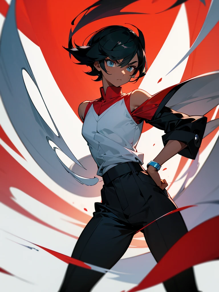 Imagine a black-skinned Pokémon trainer, with short black hair, carefully trimmed, giving it a clean and well-groomed appearance. Your eyes are expressive, full of determination and cunning, reflecting an unwavering passion for Pokémon battles and adventure.

He wears a red shirt that brings a vibrant touch to his look., symbolizing their courage and energy. Over the shirt, he wears a black jacket with white details, that complement your style in an elegant way. The white lines of the jacket are discreet, but strategically positioned, accentuating the modern cut of the garment, giving it an appearance that is both practical and stylish.

Your posture is confident, with shoulders straight and eyes always attentive, ready to throw your next Poké Ball. This trainer exudes a mix of charisma and strength, someone who commands respect from both Pokémon and other trainers.