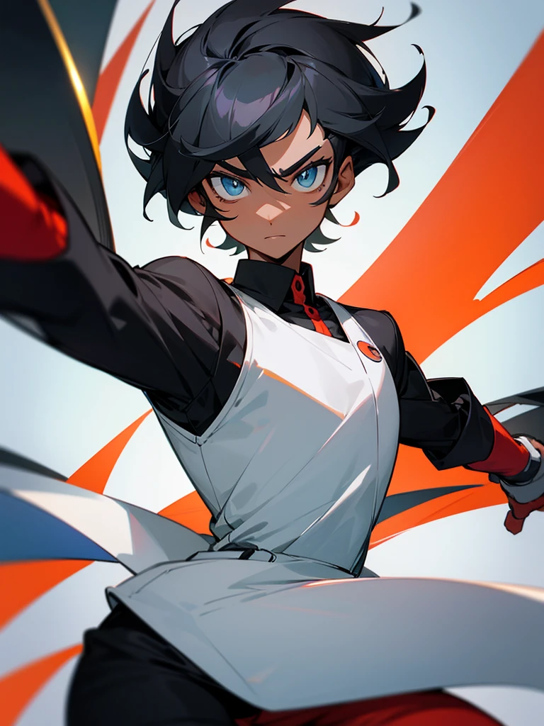 Imagine a black-skinned Pokémon trainer, with short black hair, carefully trimmed, giving it a clean and well-groomed appearance. Your eyes are expressive, full of determination and cunning, reflecting an unwavering passion for Pokémon battles and adventure.
He wears a red shirt that brings a vibrant touch to his look., symbolizing their courage and energy. Over the shirt, he wears a black jacket with white details, that complement your style in an elegant way. The white lines of the jacket are discreet, but strategically positioned, accentuating the modern cut of the garment, giving it an appearance that is both practical and stylish.
Your posture is confident, with shoulders straight and eyes always attentive, ready to throw your next Poké Ball. This trainer exudes a mix of charisma and strength, someone who commands respect from both Pokémon and other trainers.