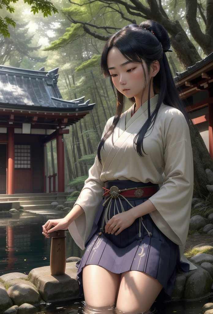 "Illustrate a tranquil, historical scene set in feudal Japan, featuring a 17-year-old female samurai meditating in a secluded forest shrine. The young warrior, dressed in traditional samurai attire with a dark indigo and silver kimono, sits gracefully on a weathered wooden platform, her hands resting lightly on her knees. Her dark, glossy hair is tied back in a simple, elegant style, with a few loose strands framing her calm, focused face. Beside her rests an exquisitely crafted katana, its hilt adorned with delicate, ancient carvings, symbolizing her family's long lineage of warriors.
The setting is an ancient Shinto shrine nestled deep within a dense forest of towering bamboo and ancient cedar trees. The shrine is adorned with faded yet intricate carvings, stone lanterns, and hanging paper talismans swaying gently in the breeze. Soft rays of sunlight filter through the dense foliage, casting a warm, golden glow on the scene, while the air is filled with the peaceful sound of rustling leaves and distant birdsong. In the background, a small stream winds through the forest, its water clear and reflective, adding to the sense of timeless serenity. The entire composition captures the essence of the samurai era, reflecting the balance between inner peace and the ever-present readiness for battle."