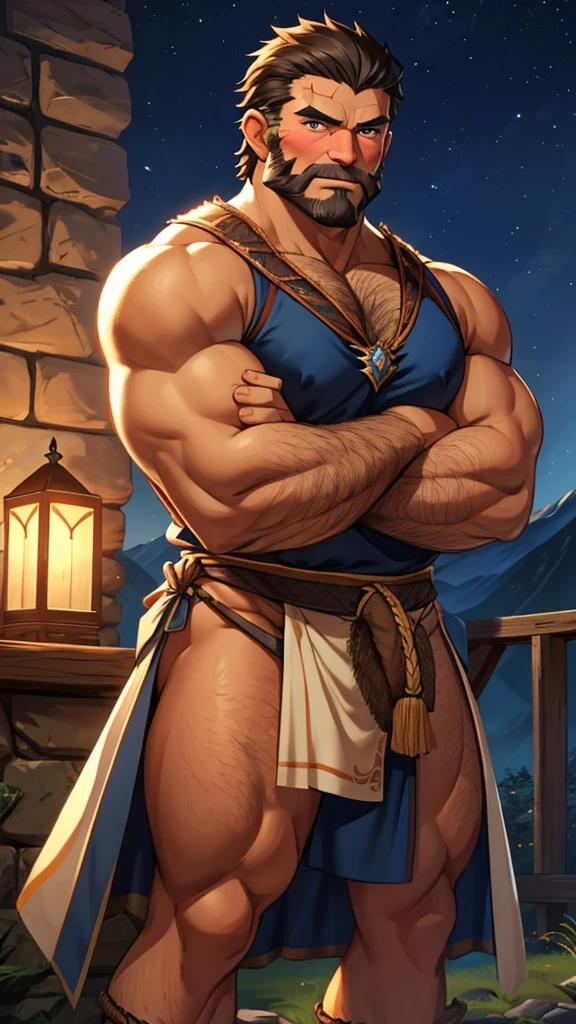 male, (mature daddy medival warrior), (loincloth), handsome, muscular, hairy, (blush), (posture with arms crossed), middle aged man, homoerotic, Standing, realistic, night, delicate eyes, hairy legs