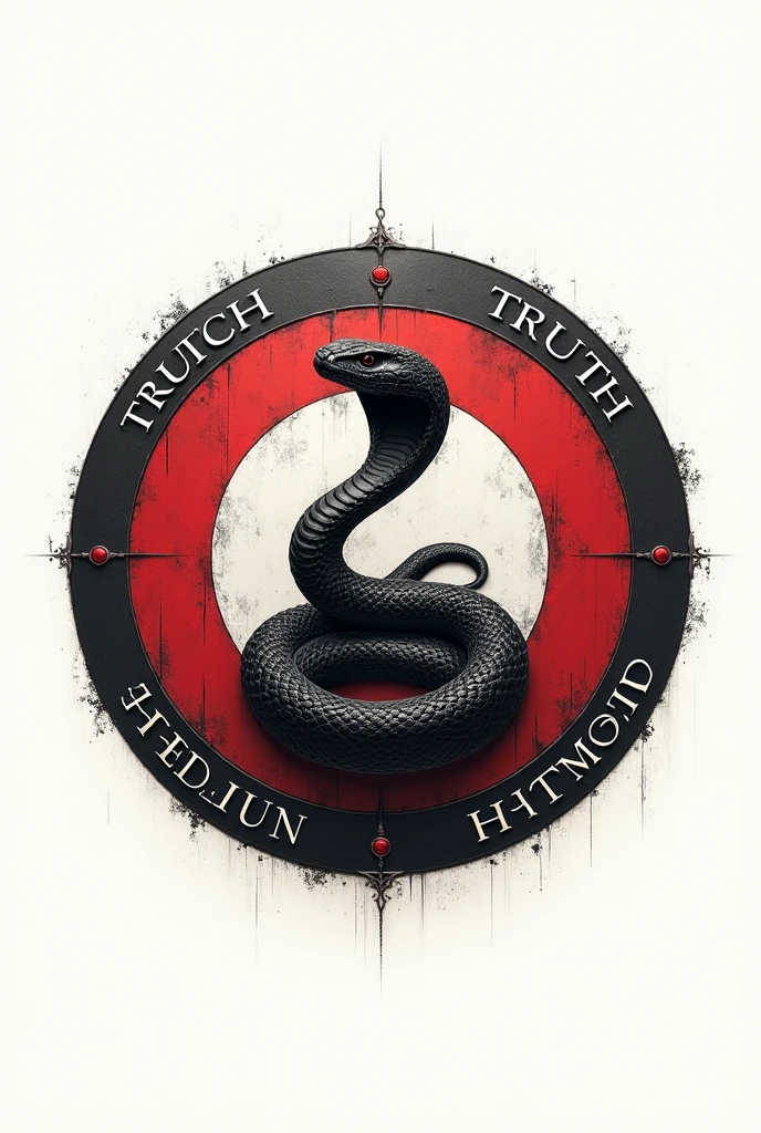 A simple drawing of a circle-shaped shield with a snake in the middle, written on the edges truth freedom harmony, only with black colors, red and white