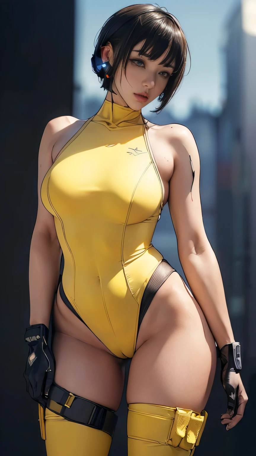 (A woman),(((A female special forces member stands))),((Yellow tactical High leg bodysuit:1.5)),((earphone:1.5)),((Tactical Holster:1.5)),(Gloves:1.5),(Serious:1.5),(Super short hair:1.5),(bionde:1.5),(beautiful eyes:1.3),(Very detailedな顔:1.5),((Very detailed drawing of a female hand:1.5)),((muscular:1.5)),(Sexy appearance:1.5),((Thick thighs:1.5)),(Beautiful Body:1.5),((Very sensual:1.5)),(The backdrop is a futuristic city:1.5),(Cyberpunk atmosphere:1.5),(((Blurred Background:1.5))),(Written border depth:1.5),rest(((masterpiece:1.5),(best quality:1.5),(Very detailed:1.5),(high resolution:1.5),(Practical:1.5),(Practical:1.5),(Delicate depiction),(Carefully drawn))),8k,wallpaper