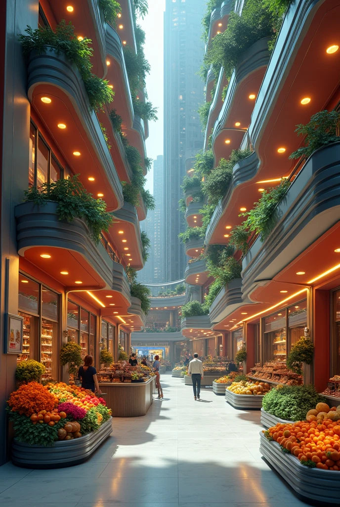 Generates photos of food and clothing stores for a futuristic city in 2050