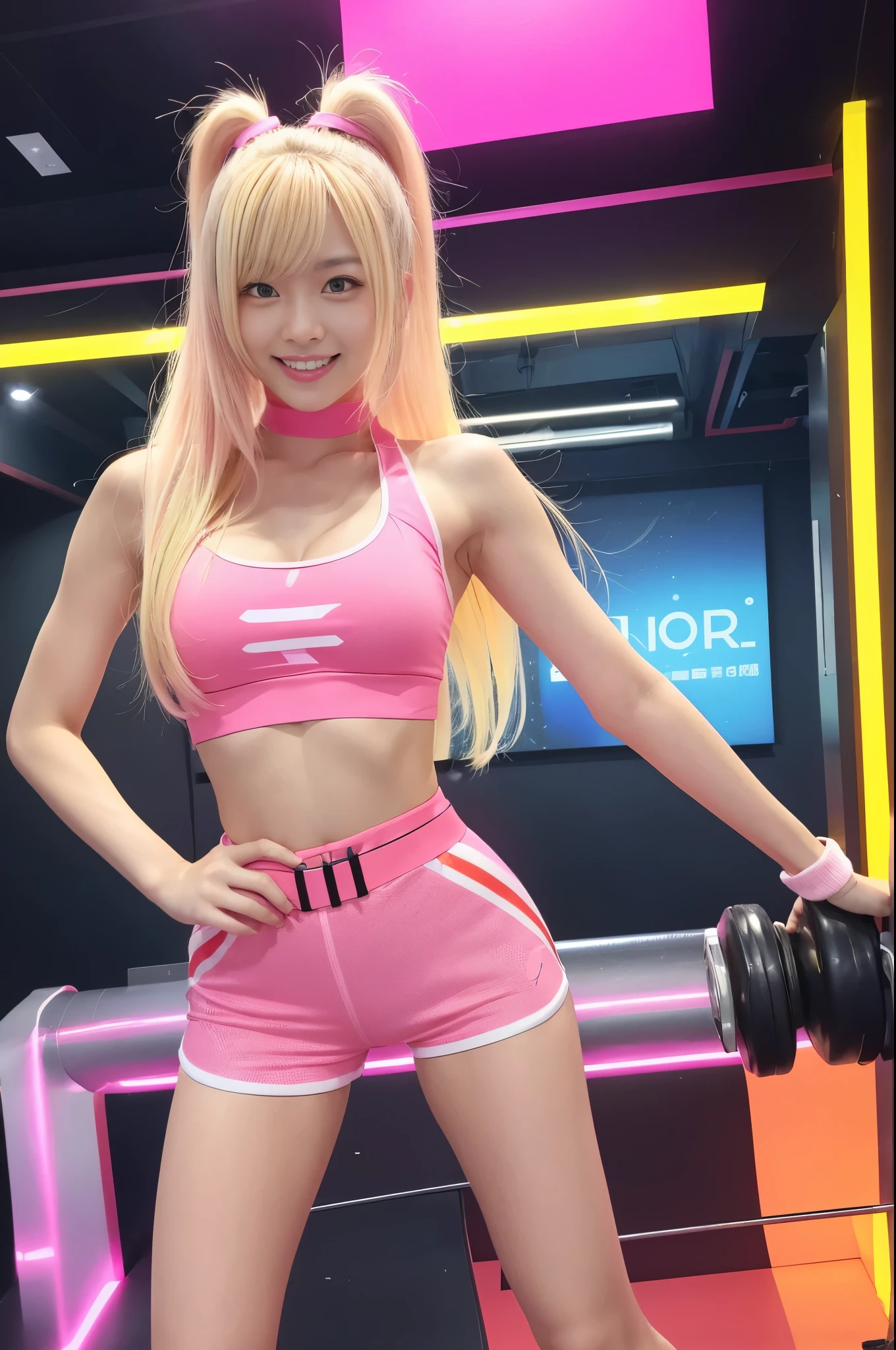 Tall sporty Japanese model、bright smile、、、whole body、very long stylish hair、、、dramatic pose、Good style、、、、、、、、Fluorescent pink and yellow tight shorts costume、strapless top、、Pink Blonde Hair、、、cyber belt、large very detailed training gym background