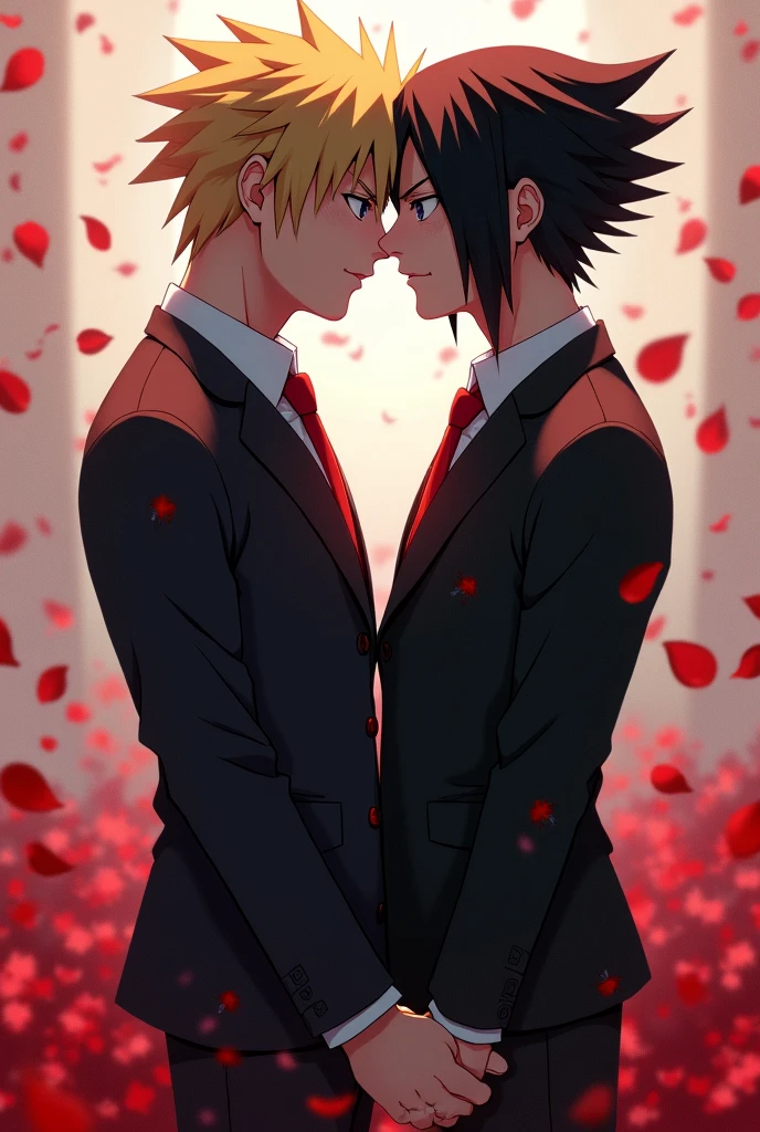 Naruto Uzumaki and Sasuke Uchiha looking in love, with suit and with blood splatter details and rose petals around