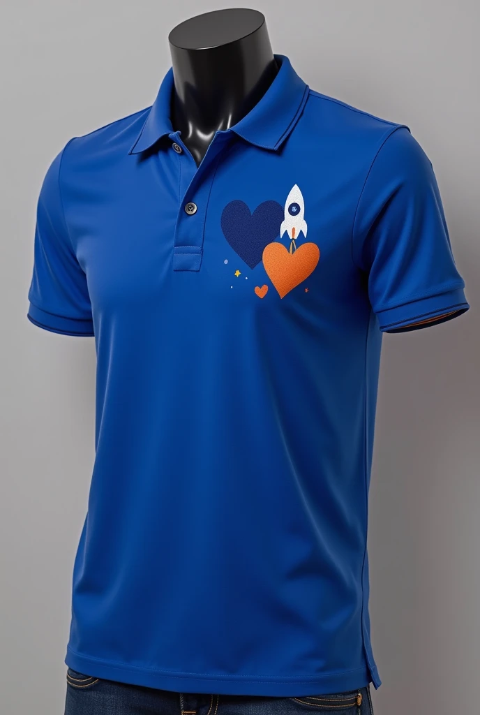 Generate a royal blue polo shirt with a blue heart and an orange heart and a rocket on the left side of the chest next to each other and it doesn't need to be big for an election campaign