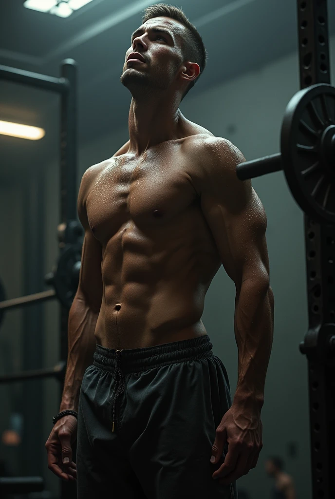 Skinny man without muscle defines himself in the gym