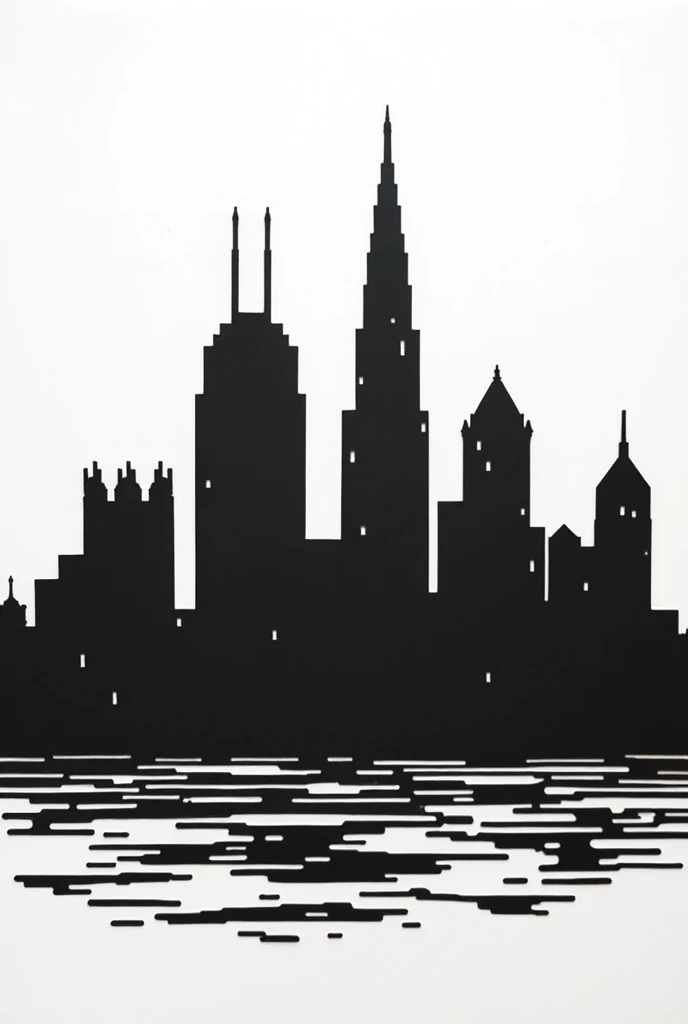 Silhouette Art。Paper cutting style。simple。Solid black。Buildings。City。equalizer。Landscape。Background white。Building only。No reflection。No Shadow。White line pattern。Horizontal ground。Lower half white。No lower half。Put on the window