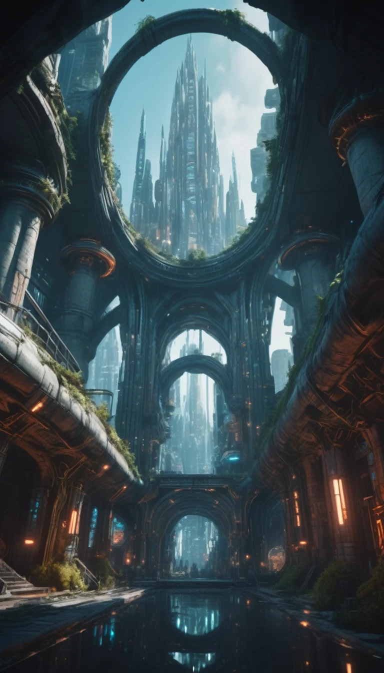 fot, cinematic color grading, elven architecture, cyber punk, wonderful sci-fi underground city beyond the beginning of the multiverse