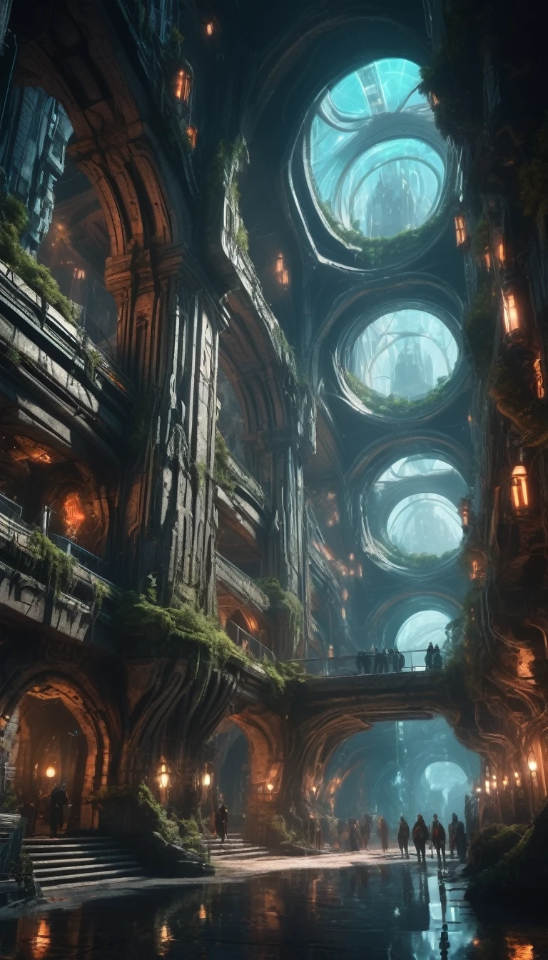 fot, cinematic color grading, elven architecture, cyber punk, wonderful sci-fi underground city beyond the beginning of the multiverse