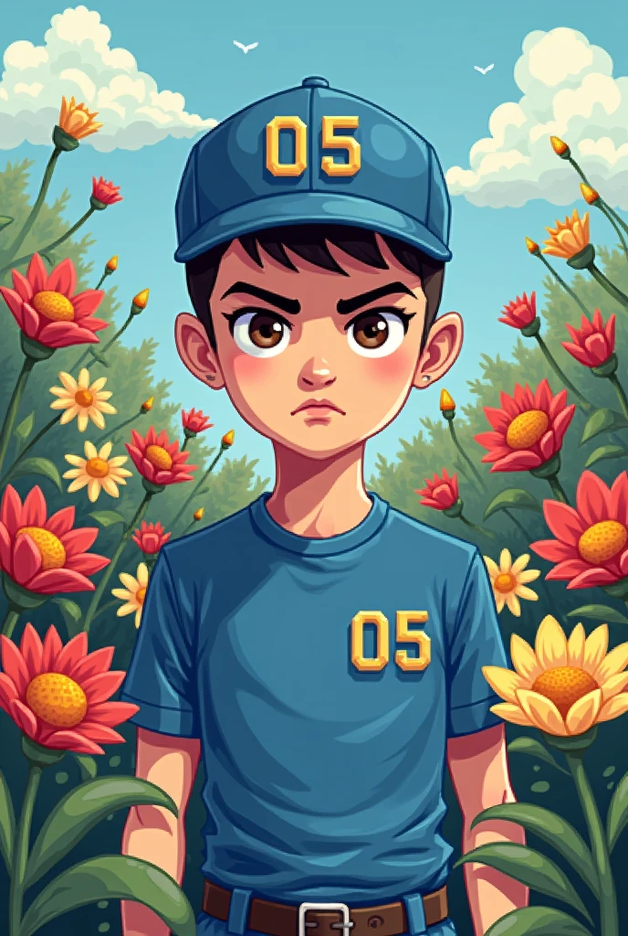 Make a boy in pixel art, with a blue shirt with a 05 in the upper right corner and a blue cap with the number 05, he has short shaved hair and he has a serious face, He has brown eyes. The background is made of flowers, everything must be in pixel art