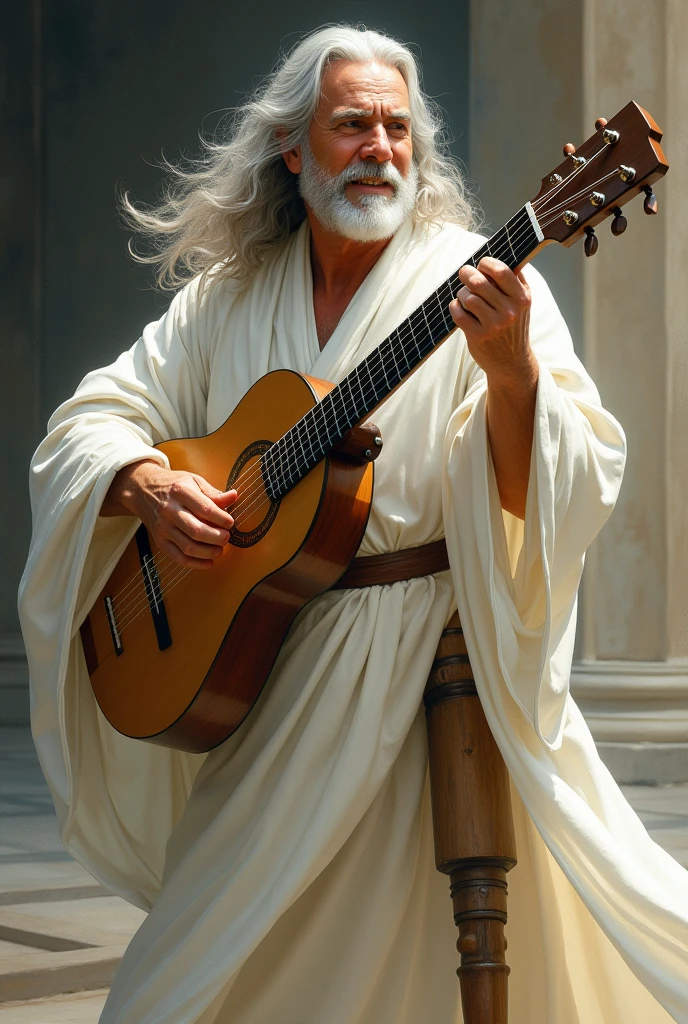 Um homem de meia idade, hair flowing down the back of the head that reaches the shoulders, wears a white robe, his expression is one of passion and he holds a lute, he has a wooden leg