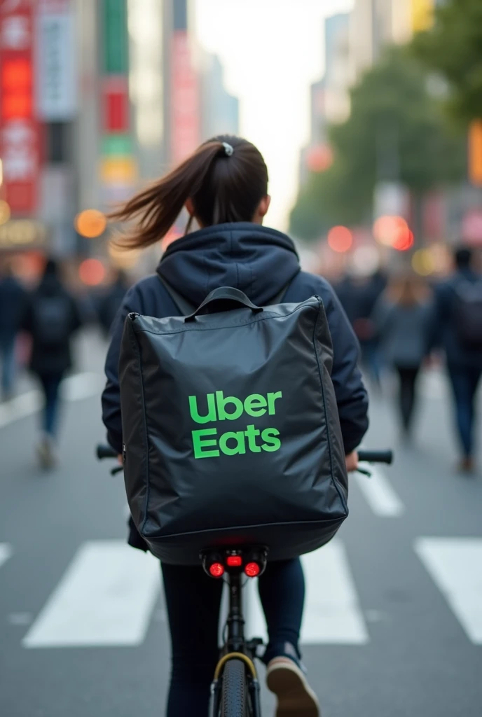 A cute Japanese woman carrying a black delivery bag with the Uber Eats logo on her back races through a busy street on a cross bike.
