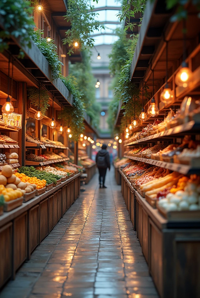 Generates photos of food and clothing stores for a city in 2050