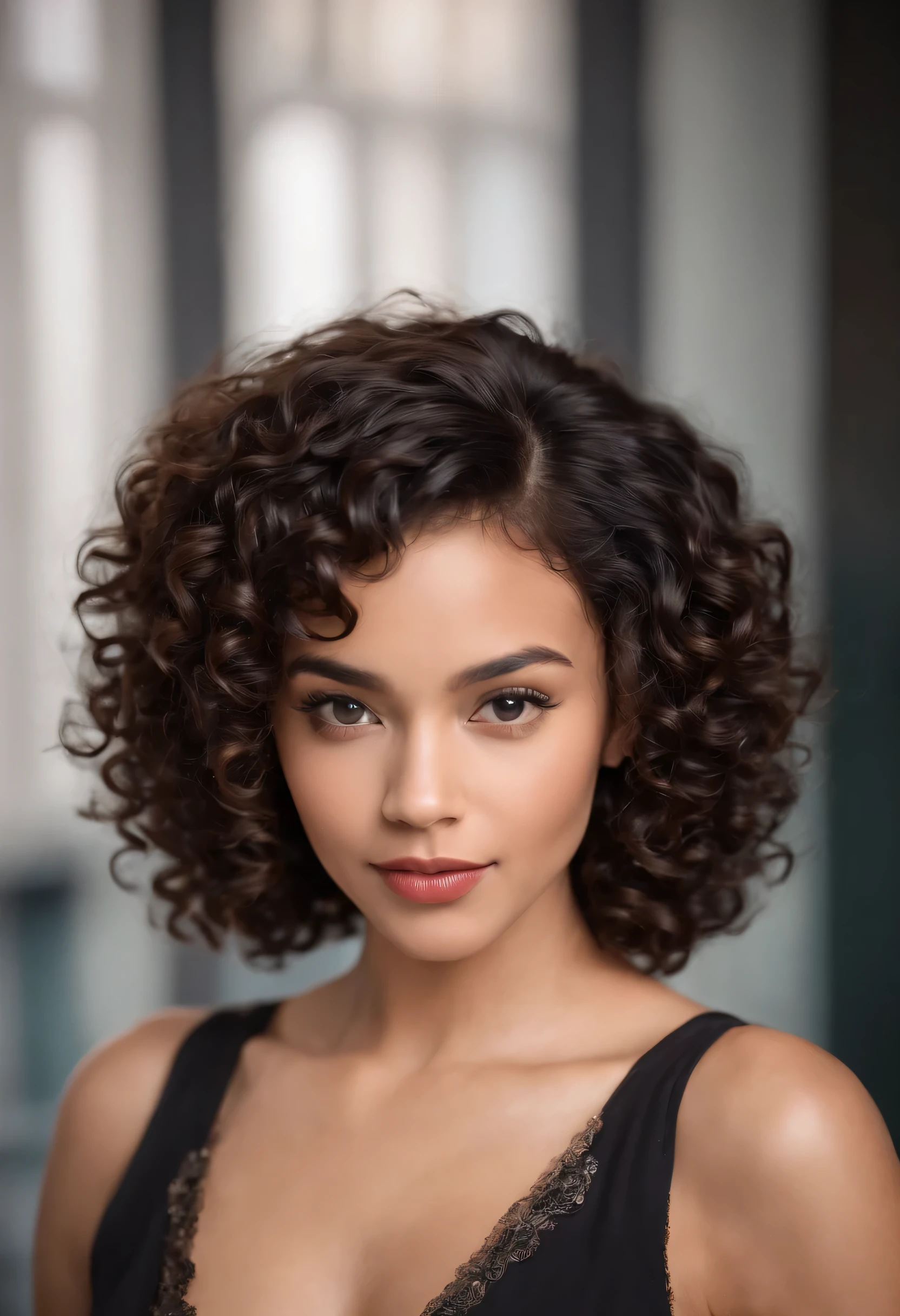 African-American girl in her 30s with 8-inch long curly hair, cabelo cacheado e curto, short curly black hair, short curly hair, curly bangs, very short curly hair, Messy curls, Black curly hair Natural black hair, in a casino in las vegas