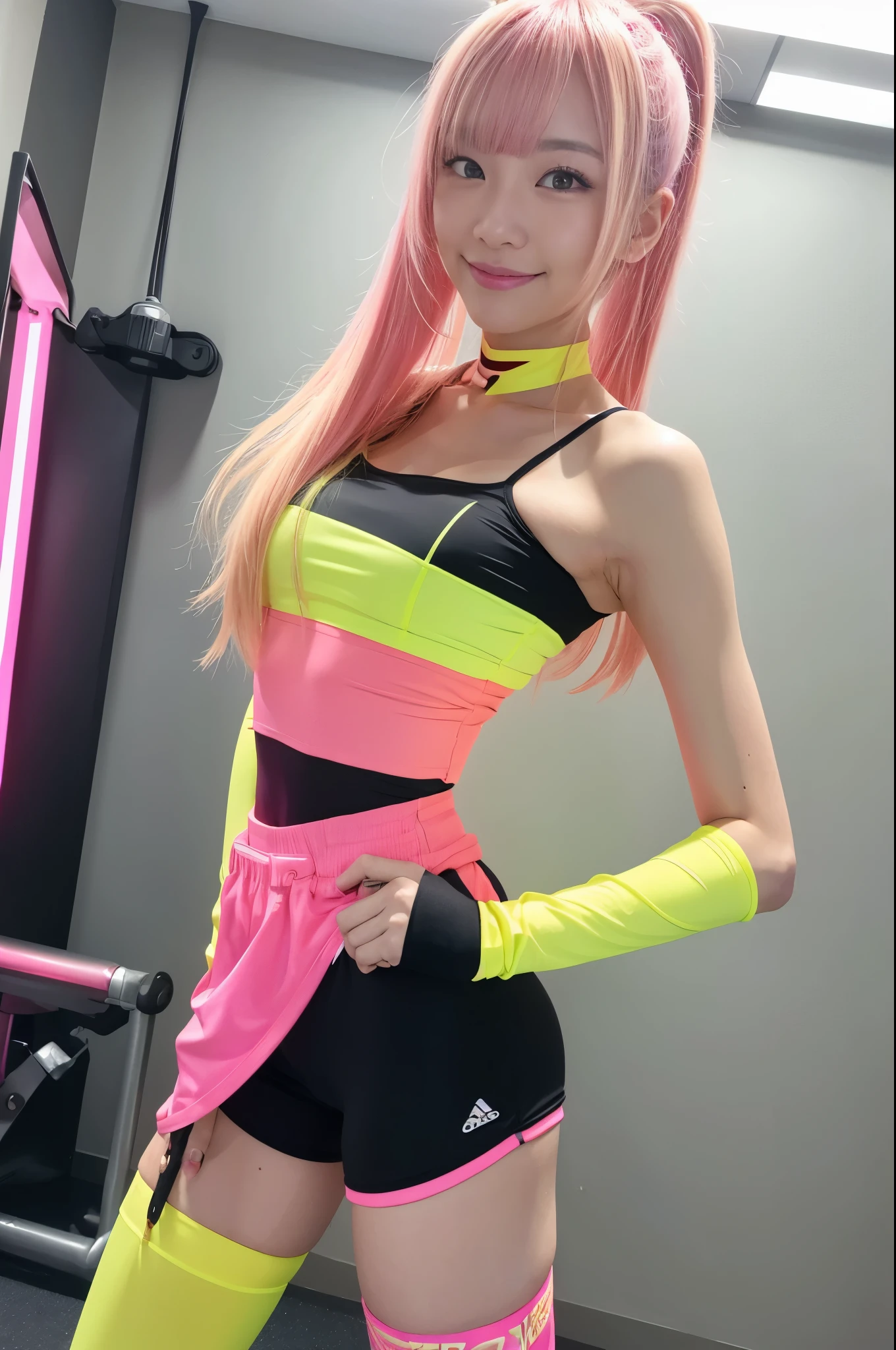 Tall sporty Japanese model、bright smile、、、whole body、very long stylish hair、、、dramatic pose、Good style、、、、、、、、Fluorescent pink and yellow tight shorts costume、strapless top、、Pink Blonde Hair、、、cyber belt、large very detailed training gym background