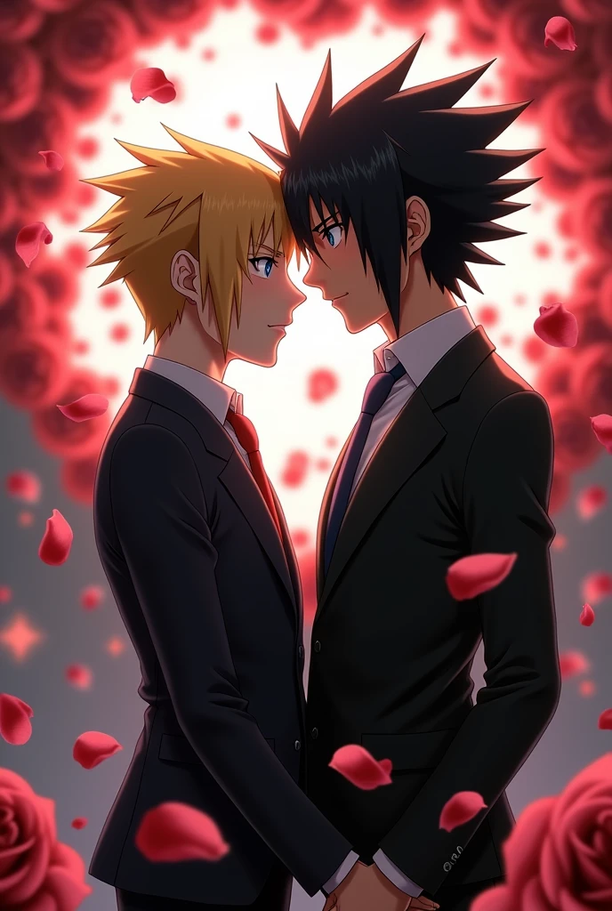 Naruto Uzumaki and Sasuke Uchiha looking in love, with suit and with blood splatter details and rose petals around