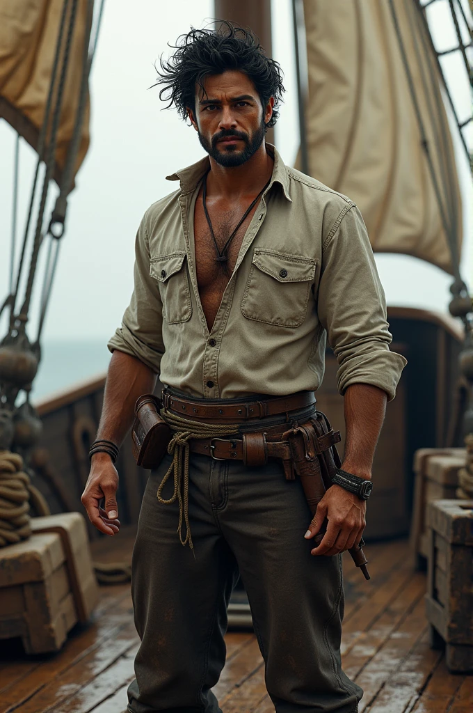 A man with black hair and brown eyes on an old ship 