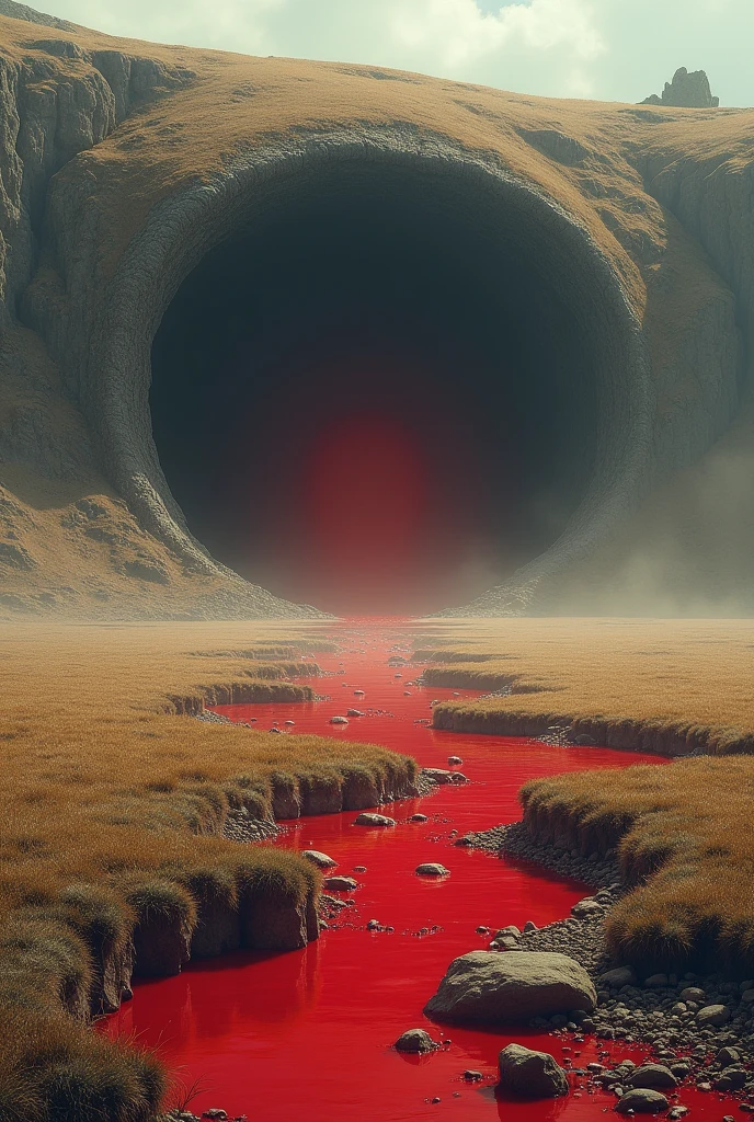 A large field stretches wide and far in front of the Regulus platform.. In the middle of this field there is a cave, a large cave with a large opening, like a mouth that threatens to swallow anyone who gets too close. There are poles with bags and supplies hanging from them scattered in front of the cave., But inside the cave are the weapons In front of the posts, before anyone can reach them, There is a wide river that runs through the entire field. It arches in a circle, as if it were enveloping the cave. To get to the cave, They will have to cross it. The water is red, of a deep red that flows like blood. A crimson river.