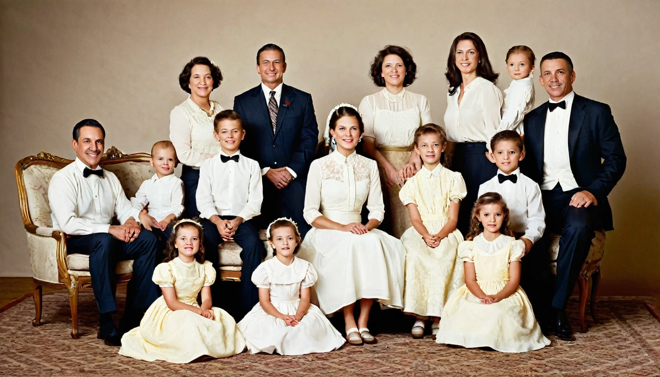 Studio photo of a family of nine. Father and mother sitting in the middle,Mother's white hair,There were 4 women in their 20s and 2 men standing behind., 22 years old. Father and son in black suits,Mother and daughter wearing pure white dresses. HDR, 4K, Practical. Close-up photography
