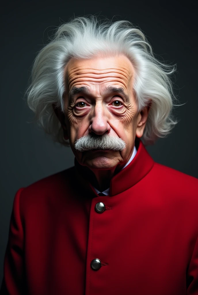 Einstein 8K HD with red suit jacket, Look directly into the camera