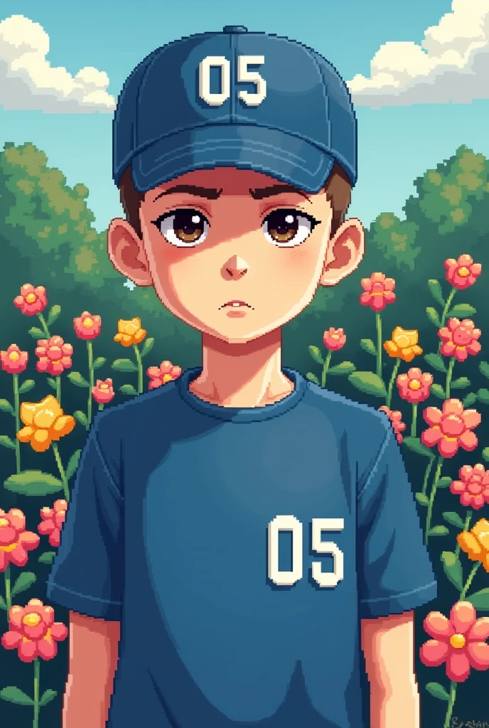 Make a boy in pixel art, with a blue shirt with a 05 in the upper right corner and a blue cap with the number 05, he has short shaved hair and he has a serious face, He has brown eyes. The background is made of flowers, everything must be in pixel art, pixel art
