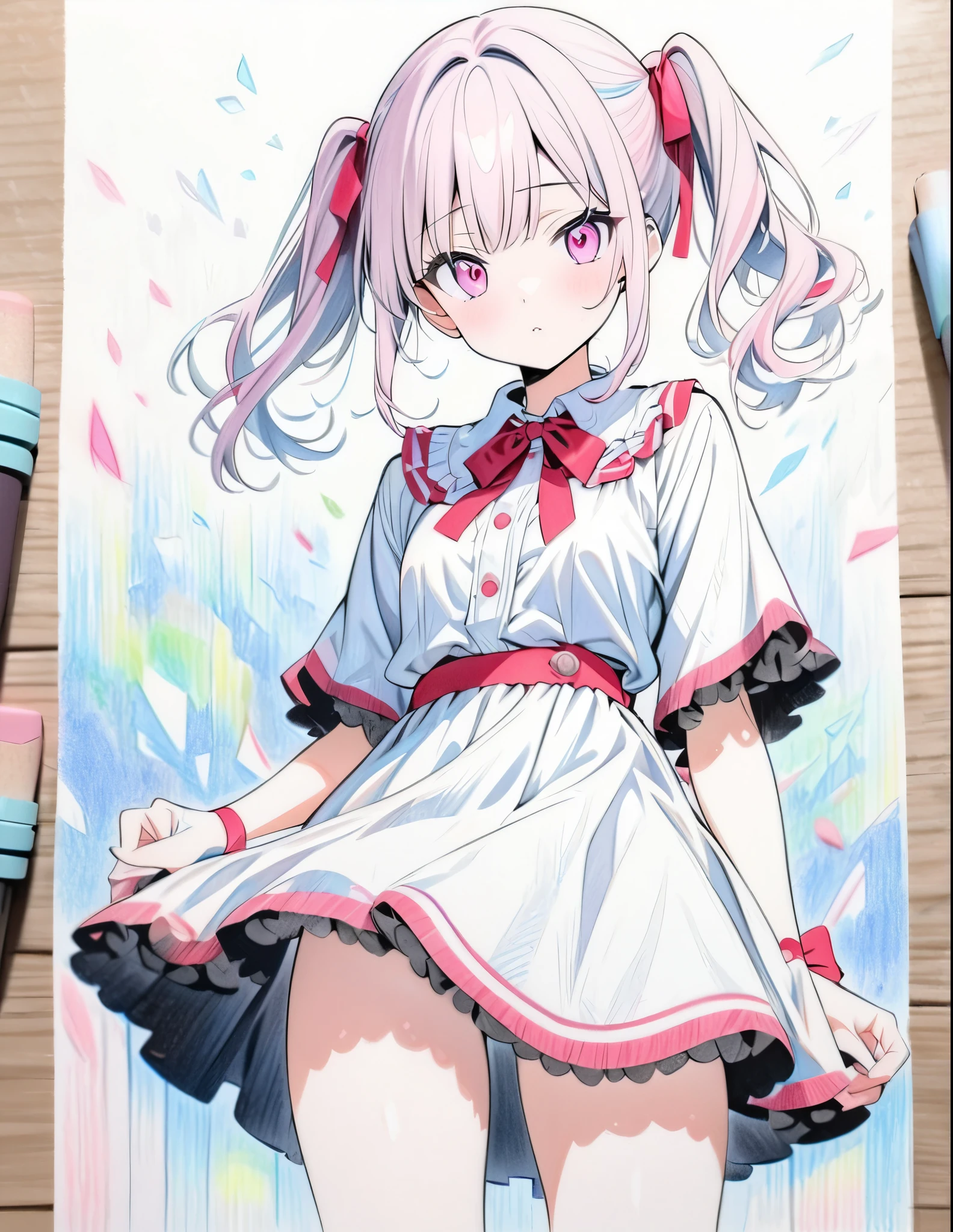 ((style:Colored pencil,pale colour)),(anime)、(masterpiece:1.2),Twin tails, Pink eyes, High resolution, Cowboy Shot, ribbon,