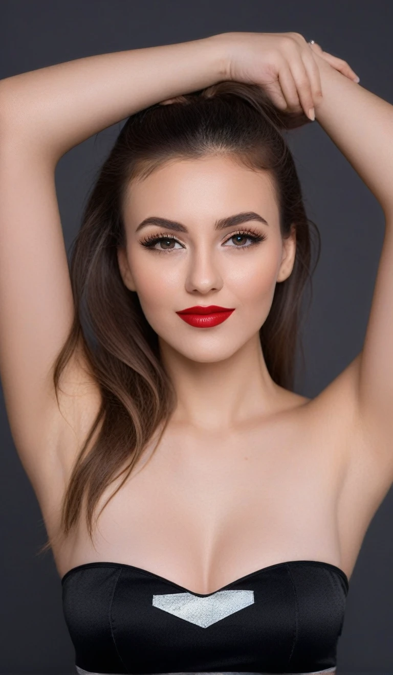 (best quality,4k,8k,highres,masterpiece:1.2),ultra-detailed,(realistic,photorealistic,photo-realistic:1.37),beautiful eyes,beautiful lips,detailed face,red lipstick,gorgeous woman, sexy black tight strapless cheerleader outfit, sexy elegant fashion model, sexy elegant look,long eyelashes,confident expression,flawless skin,posing gracefully sexy,head to stomach shot, sexy black tight strapless cheerleader outfit, bare stomach,sexy naked medium Breasts,flowing fabric,soft and silky material,graceful movement,vibrant colors,artistic lighting,studio photo shoot, dreamy atmosphere