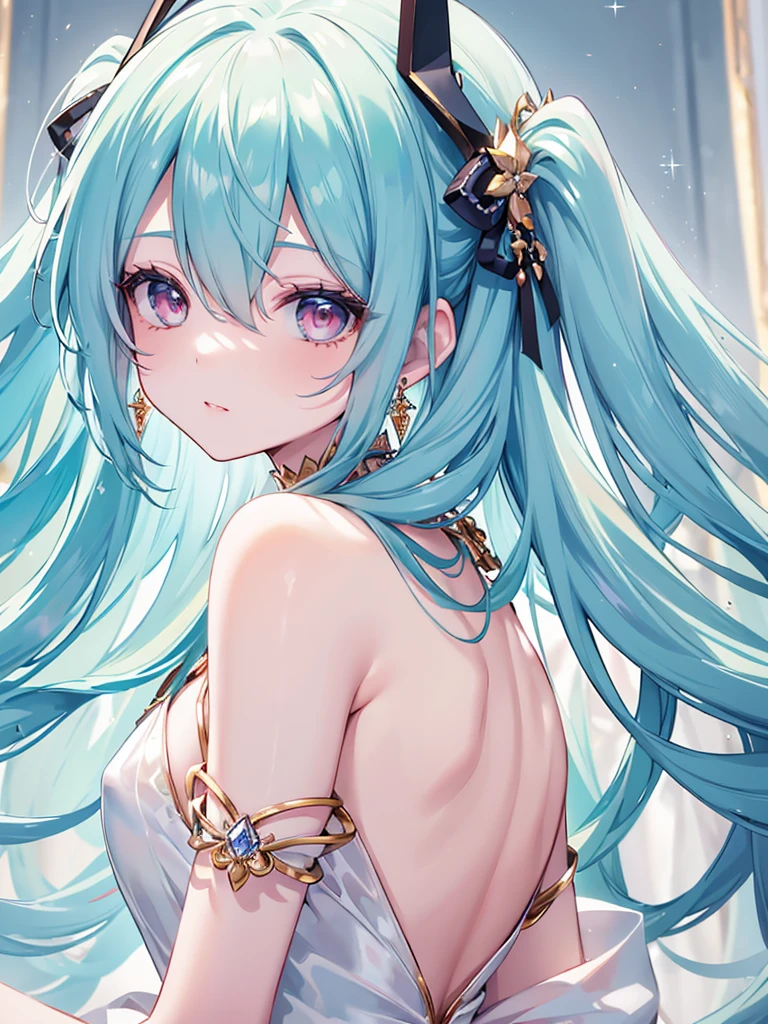 Hatsune miku
((best quality)), ((masterpiece)), (detailed), perfect face, ((Best quality, 8k, Masterpiece: 1.3)), Sharp focus A beautiful woman, Highly detailed face and skin texture, Detailed eyes, Double eyelid, crystal hair, big hair, shiny hair, gradient eyes, crystal earrings, serious, sparkle, reflection light, ((flat chest)), Greek mythology goddess, ((silk dress, rich drapes)), glitter, bejeweled, at a nightclub, party, from back