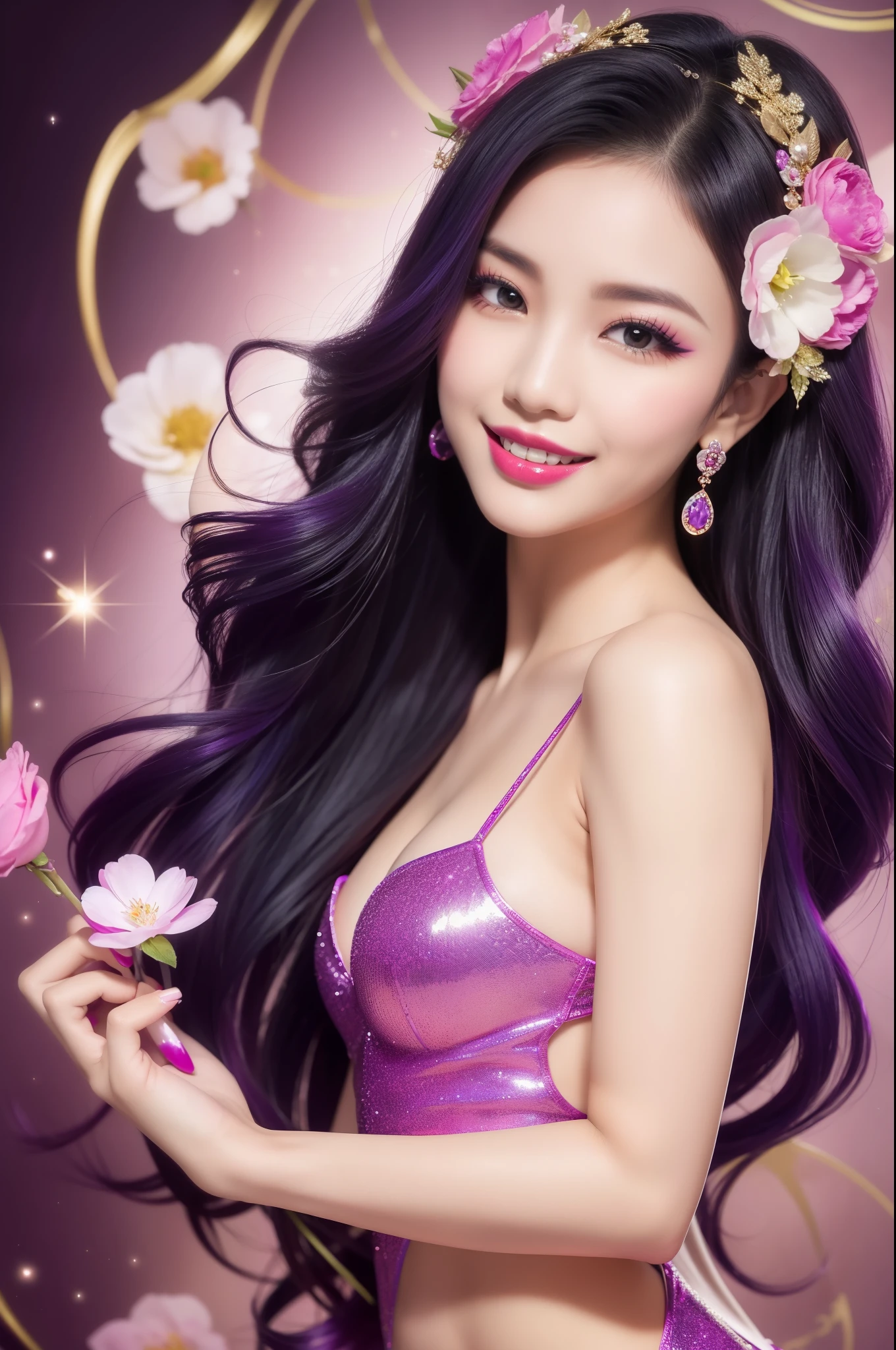 sexy Thai model who controls poison、beautiful smile、lip-gloss、bold lipstick、intense makeup、look at the camera、full body Esbian、、sparkling poisoned flower costume、、、、sparkling Colorful hair、secrete poison、skull hair accessories、sexy tights、shiny sparkling flowers background