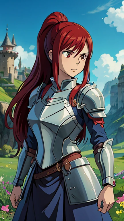 (1girl, erza_scarlet, long hair, hair over one eye, tattoo, ponytail, red eyes, armor), (extremely detailed CG unit 8k wallpaper),(master part), (best quality), (ultra detail), (best illustration),(ghibli style), cowboy shot, (Sharp eyeliner, ombre, detail eyes:1), Hogwarts, outdoors background, ,break , (fairytaleai), upper body,