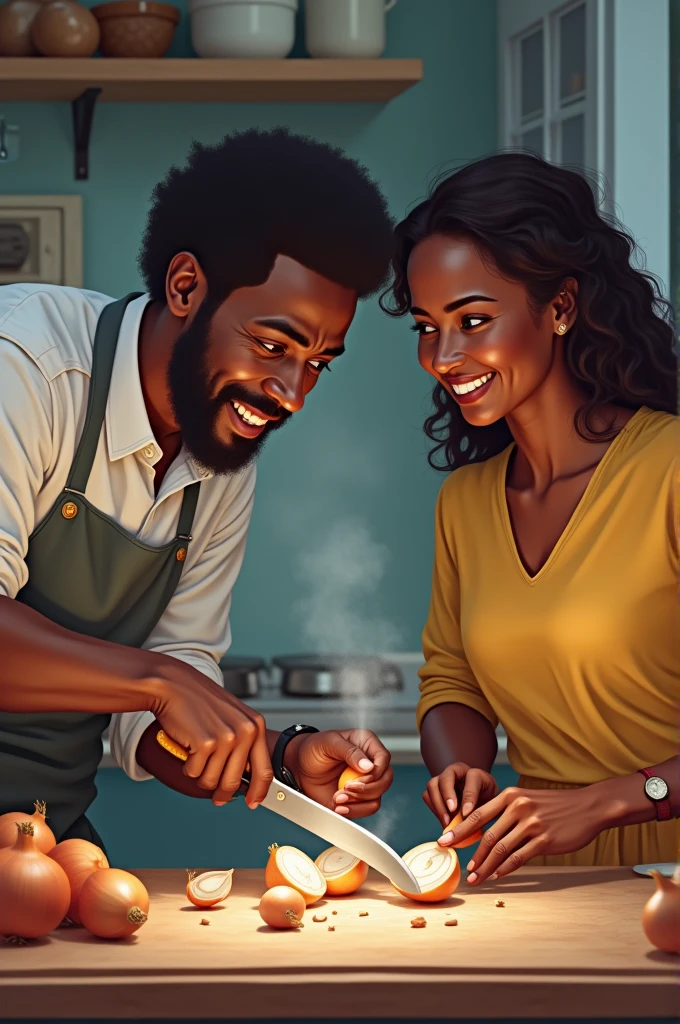 Un homme en train de découper des oignons avec des larmes aux yeux, tandis que la femme à côté de lui le regarde avec un sourire amusé.
Homme et femme ???? africaine 