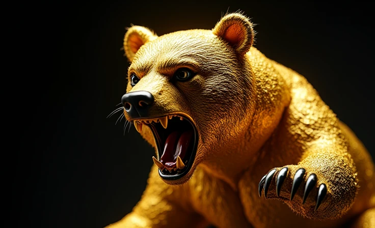 an angry shiny chrome gold bear attacking from below the gold bear black background