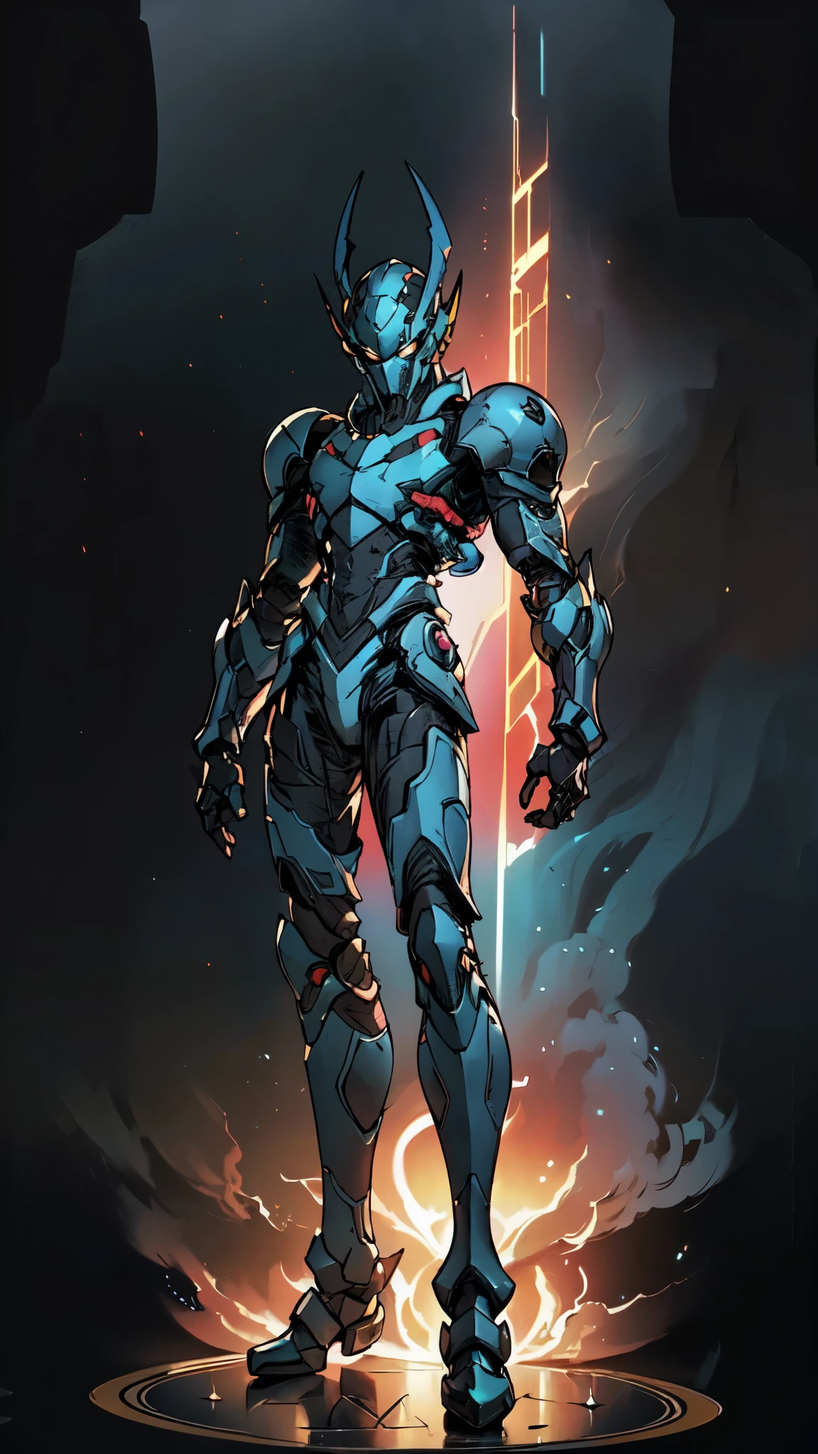 (masterpiece:1.5, best quality:1.5, extremely delicate:1.5), a man wearing a full-face helmet, a fantasy-style biotech armored combat suit, green eyes, (a composite layered chest armor), fully enclosed shoulder guards, matching arm and leg guards, belt of Neon circuit, (the color scheme is primarily blue with red and black accents), the design balances heavy with agility, a high-tech bio-mecha armor, (Armor Concept Inspired by neon Cyberpunk, stand on the top of a skyscraper in a futuristic sci-fi city), this character embodies a finely crafted fantasy-surreal style armored hero in anime style, exquisite and mature manga art style, (element, plasma, energy, the armor glows), ((male:1.5)), metallic, high definition, highres, ultra-detailed, ultra-fine painting, professional, perfect body proportions, golden ratio, anatomically correct, symmetrical face, extremely detailed eyes and face, high quality eyes, creativity, RAW photo, UHD, 32k, Natural light, cinematic lighting, masterpiece-anatomy-perfect