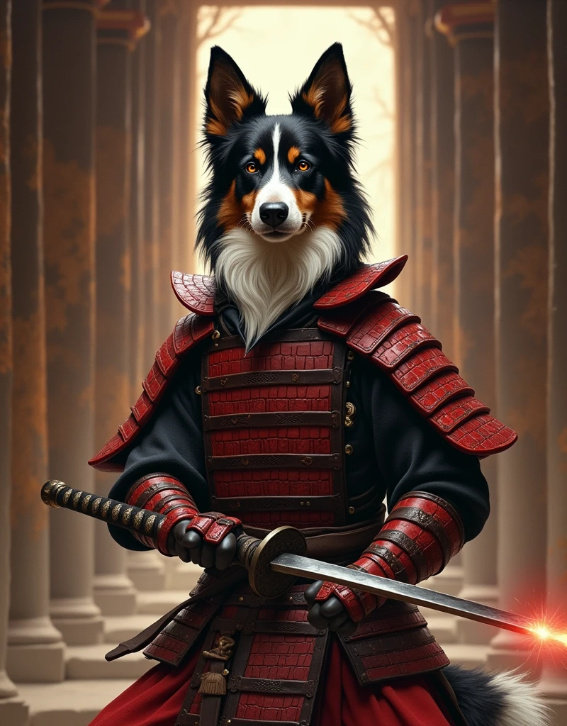 A border collie black white and brown clad in red and black samurai armor, with fierce, glowing eyes, stands in a defensive stance, holding a katana ready for battle. The scene is set within the temple's inner sanctum, where ancient murals depicting battles between gods and demons line the walls. Flickering torches cast ominous shadows, and the air is thick with tension, as if a great battle is about to unfold.