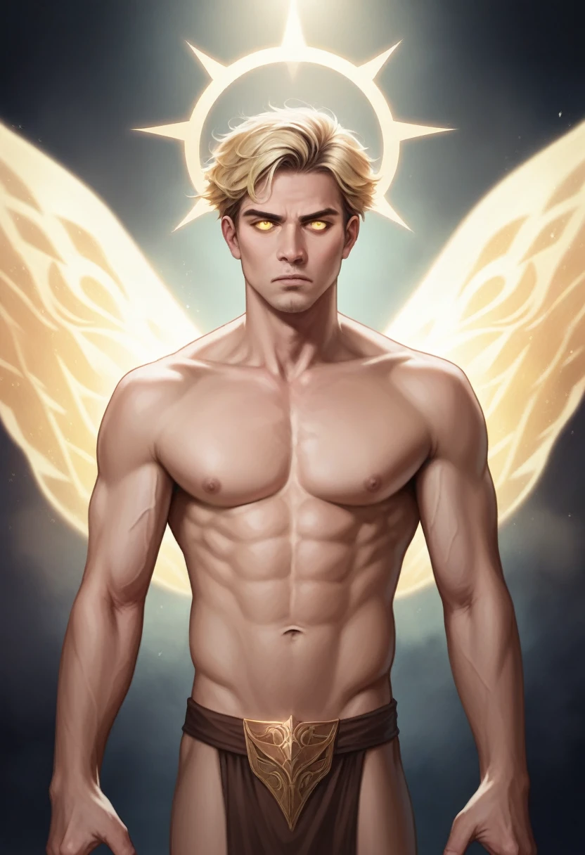 looking into camera, best quality, masterpiece, upper body, bright highlights, (extremely detailed CG unity 8k wallpaper), handsome young man, angelic wings, halo, (male, man), messy hair, short hair, serious, dramatic pose, cinematic lighting, photorealistic, dynamic pose, sharp-focus, 80s fantasy art, (photorealistic:1.4), (masterpiece, finely detailed beautiful eyes: 1.2), masterpiece*portrait, realistic, 3d face, glowing eyes, blonde hair, golden Loincloth 