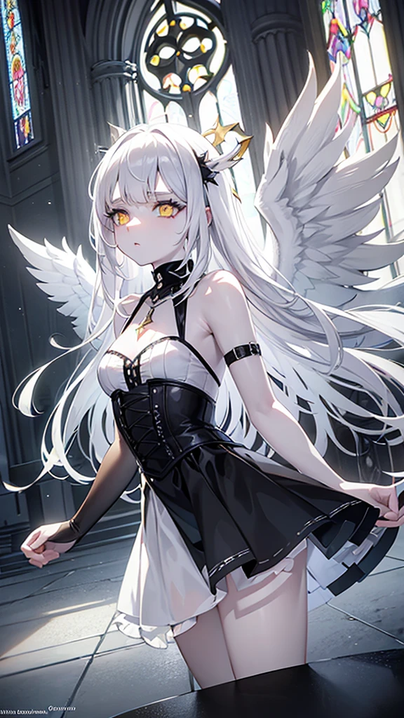 pale skin, white hair, build, yellow amber eyes, no expression, empty eyes, fallen angel, black angel wings, black gothic dress, cathedral, stained glass, glow, god rays, ethereal, dreamy, heavenly, otherworldly, dream-like, breathtaking, captivating, divine, short skirt,